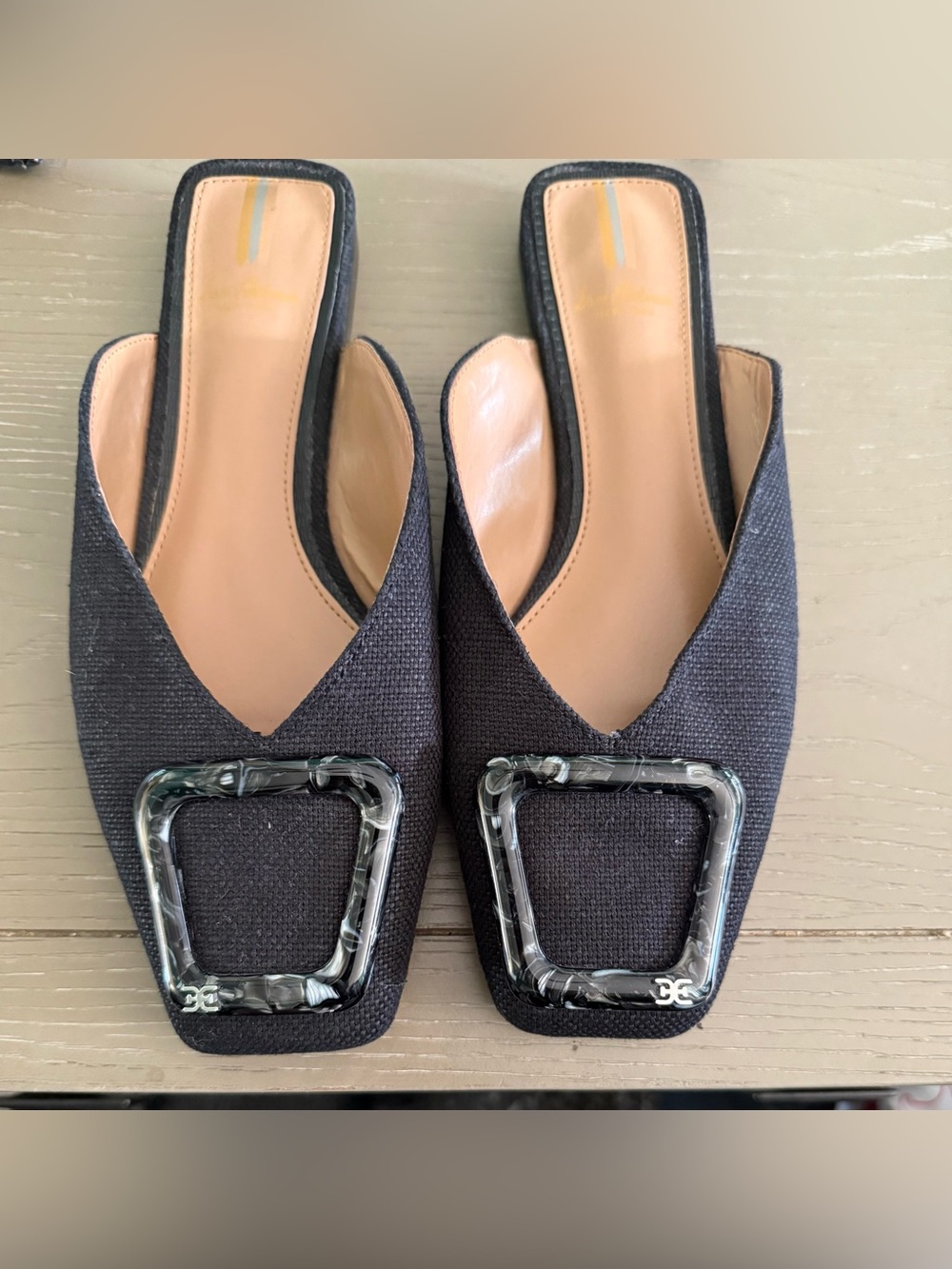 Sam Edelman Black Raffia Mule Flats Size 8 Oversized Buckle Slip On Quiet Luxury